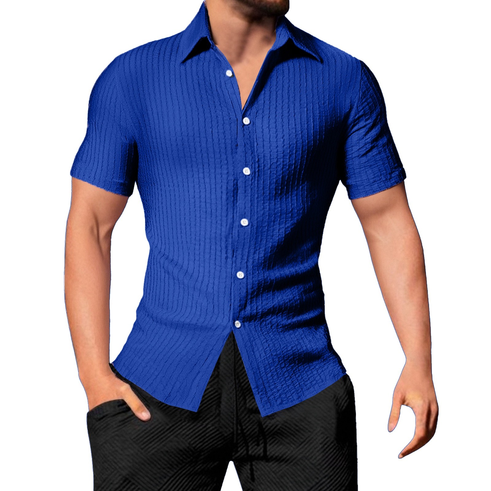 thumbnail image 2 of Camisa informal de manga corta a rayas para hombre: cuello abierto, corte holgado, para el verano, diseño resistente a las arrugas y fácil de cuidar, 2 of 6
